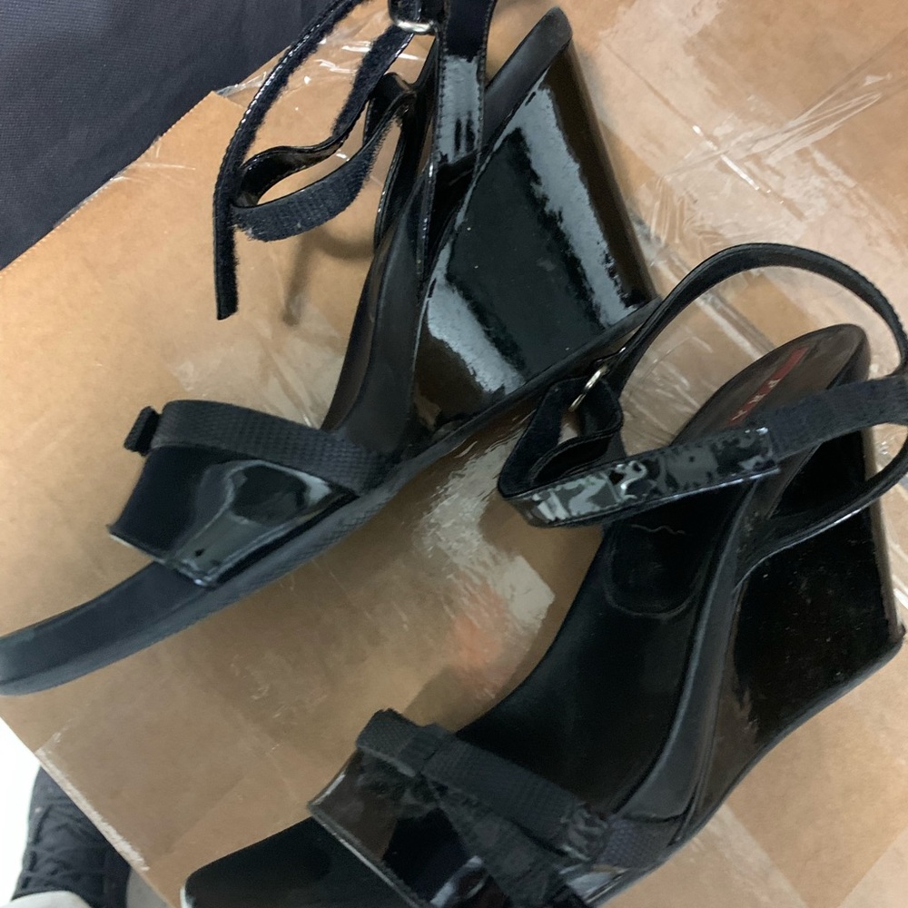 Prada strappy patent wedges